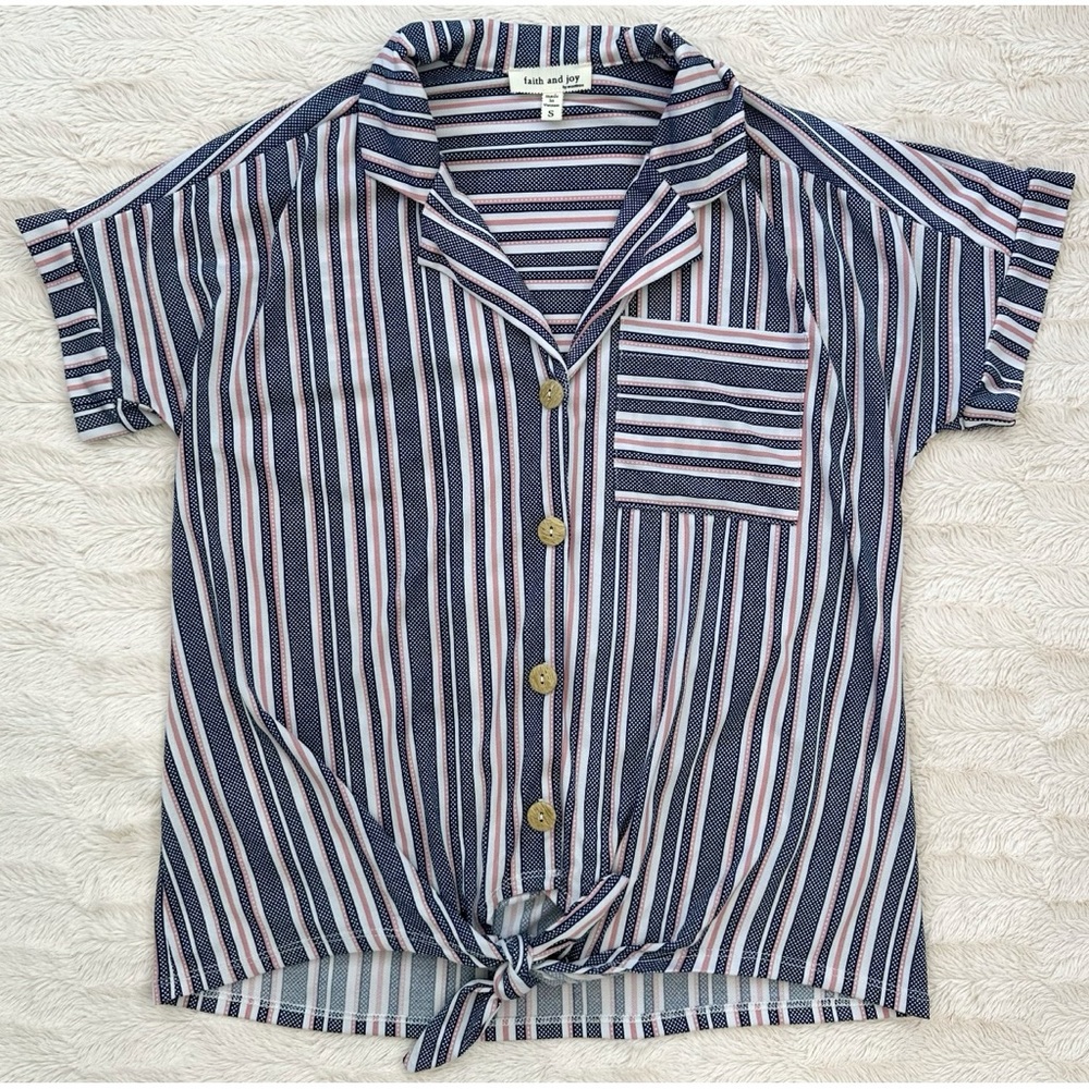 Faith and Joy by Monteau Striped Tie-Front Button Down Collared Shirt
